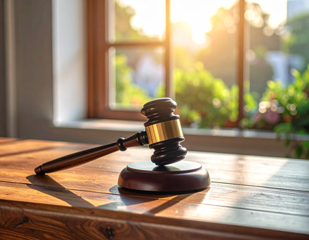 A wooden gavel rests on a table near a window bathed in warm sunlight suggesting legal proceedings and justice Use for law and order concepts.の素材