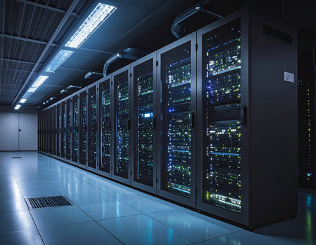 Modern data center features rows of illuminated server racks providing essential computing power Ideal for technology and infrastructure conceptsの素材
