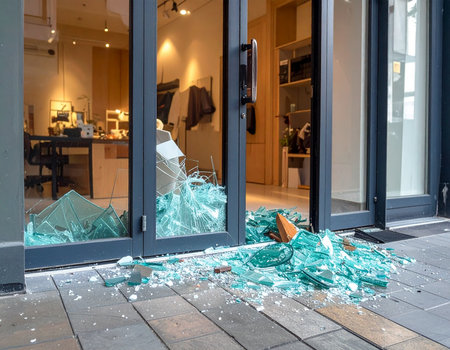 A storefront window is shattered with glass debris scattered on the pavement suggesting a break-in or accidental damage. Ideal for illustrating security concerns or insurance claims.の素材
