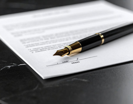 Legal contract lies on a dark surface with a black fountain pen poised to sign it Represents agreements and official documentation Ideal for legal and business themesの素材