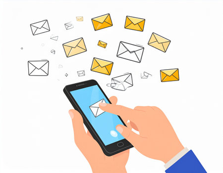 A hand holds a smartphone displaying incoming email messages, surrounded by floating envelope icons. Ideal for illustrating digital communication and technology.の素材