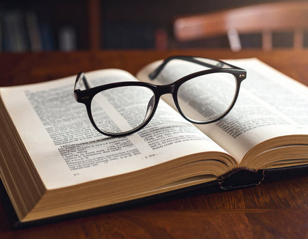 An open book rests on a wooden surface with a pair of glasses placed on top suggesting study or reading Perfect for education and learning conceptsの素材