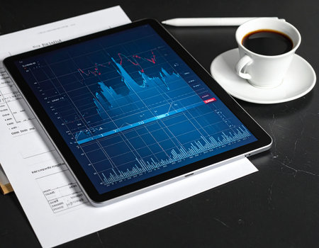 Modern workspace displays financial charts on a tablet alongside a cup of coffee suggesting productivity and data driven decisions Ideal for business and technology conceptsの素材