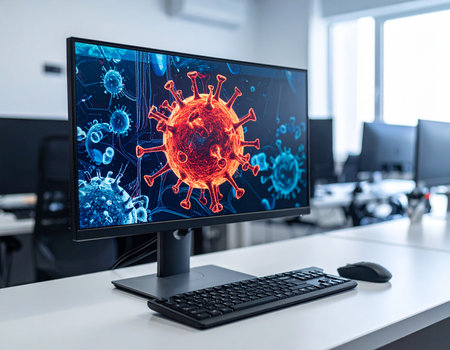 A computer monitor displays a detailed image of the coronavirus structure in a modern office setting. Ideal for health and technology related content.の素材