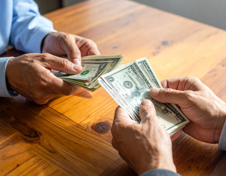 Two people are exchanging cash money on a wooden table suggesting a financial transaction or payment Use for banking, finance, or economic concepts.の素材