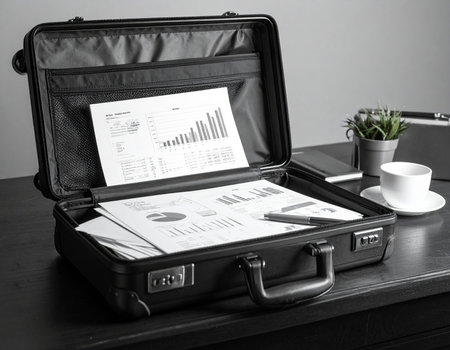 An open briefcase displays financial papers and a writing utensil on a dark surface Ideal for business and finance concepts.の素材