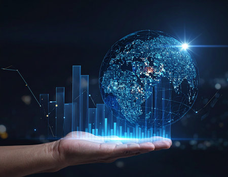A hand presents a glowing globe surrounded by data visualization elements symbolizing worldwide connectivity and progress Ideal for illustrating global technology and finance conceptsの素材