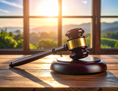 A wooden gavel rests on a table with a scenic mountain view bathed in warm sunlight Represents legal proceedings and justice Ideal for law and order conceptsの素材