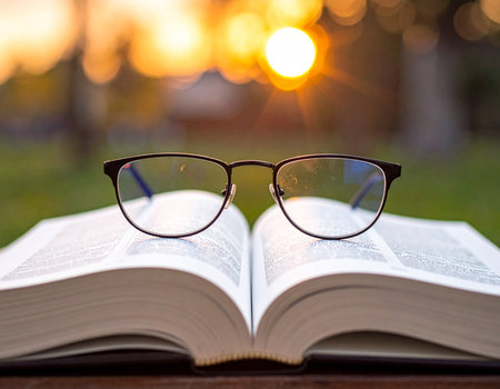 Open book with eyeglasses resting on pages bathed in warm sunlight creates a peaceful reading scene Ideal for education and lifestyle concepts.の素材