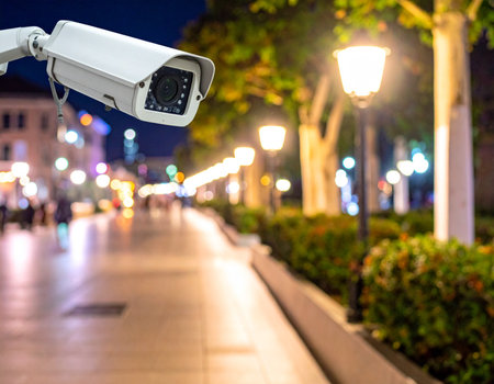 A security camera overlooks a softly lit city street at night, with trees and streetlights creating a peaceful atmosphere. Ideal for illustrating safety and urban surveillance.の素材