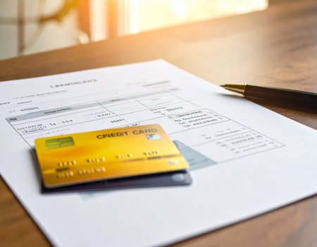 Financial planning concept showing credit cards and a bill for payment, suggesting budgeting and responsible spending. Ideal for finance and banking visuals.の素材