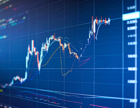 Dynamic stock market chart displays fluctuating financial data with vibrant colors and complex lines Ideal for illustrating investment and economic trends.の素材