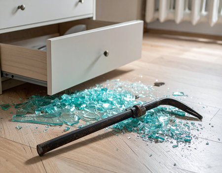 A broken window and scattered glass suggest a recent home invasion with a crowbar lying nearby Use for crime, security, or insurance concepts.の素材