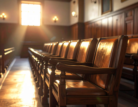 Sunlight streams into a quiet courtroom with rows of empty wooden benches creating a somber atmosphere Ideal for legal or justice related themes.の素材
