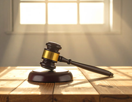 A wooden gavel rests on its sound block against a softly lit window This image evokes justice and legal proceedings Ideal for law and order conceptsの素材