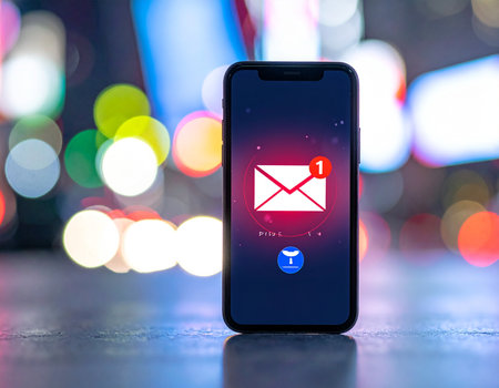 A smartphone displays a new email notification against a blurred city backdrop at night This image evokes a sense of connectivity and modern communication Ideal for illustrating technology and digital lifestyle conceptsの素材