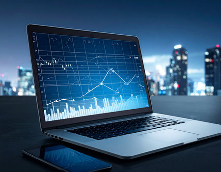 Modern laptop screen shows complex financial charts and graphs against a city skyline backdrop Ideal for illustrating technology, finance, and investment concepts.の素材