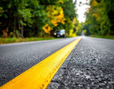 A scenic country road stretches ahead with a bright yellow centerline amidst lush green trees Perfect for travel and transportation themes.の素材