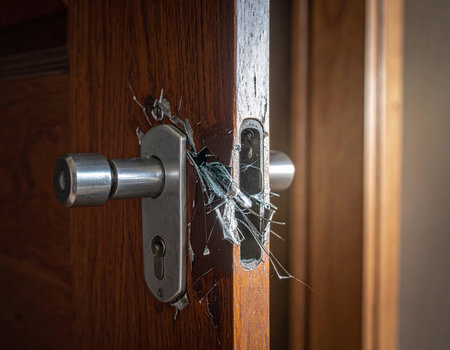 A damaged door frame shows a broken lock and shattered glass suggesting a forced entry or burglary This image conveys security concerns and potential danger Use for crime prevention or insurance related contentの素材