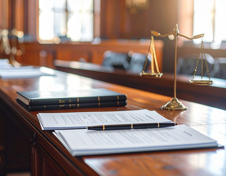 A courtroom setting displays legal documents, a pen, and scales of justice suggesting legal proceedings and fairness Ideal for law and justice themes.の素材