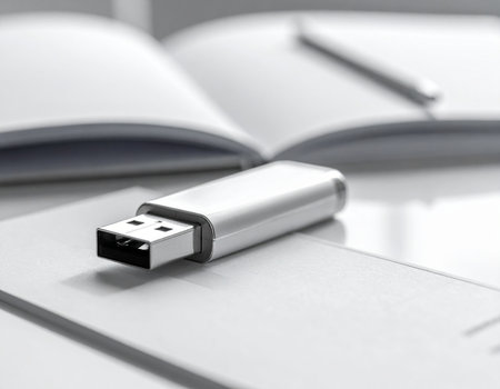 Silver USB flash drive rests on an open notebook with a pen nearby suggesting data storage and information transfer Ideal for technology and education conceptsの素材