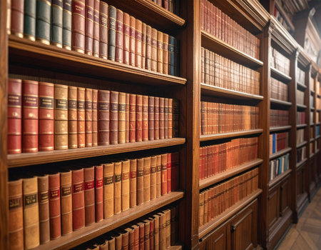 Classic library interior features rows of aged books on dark wood shelving creating a scholarly atmosphere Ideal for education and literature concepts.の素材