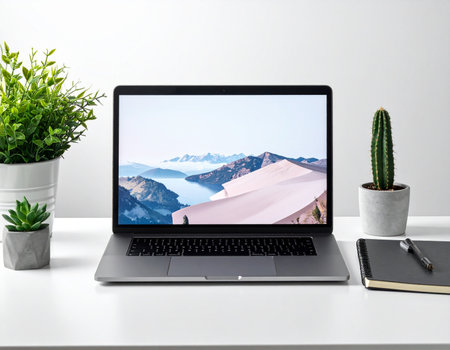 Modern workspace features a laptop, potted plants, and a notebook with pen, creating a calm and productive atmosphere. Ideal for remote work or study.の素材