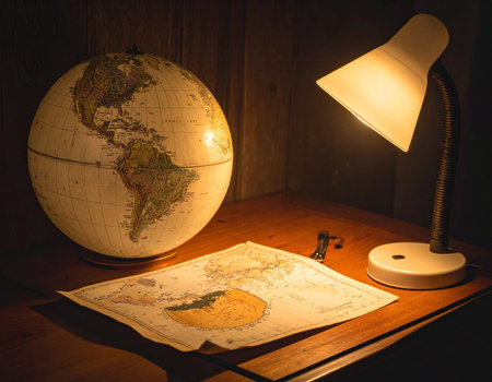 Warm light illuminates a vintage globe and old map creating a cozy study atmosphere Ideal for education and exploration conceptsの素材