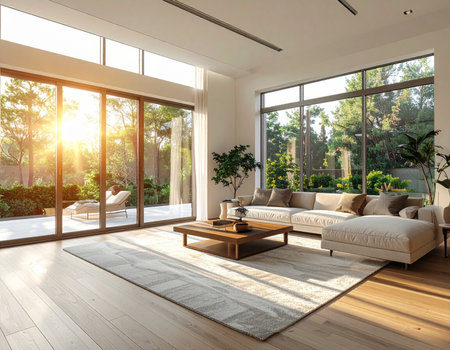 Bright and airy living space features large windows overlooking lush greenery creating a relaxing atmosphere Ideal for interior design concepts.の素材