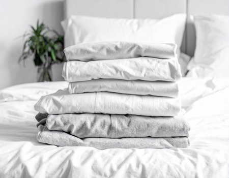 Clean folded bedsheets in shades of white and gray create a calming bedroom scene Ideal for home decor and lifestyle concepts.の素材