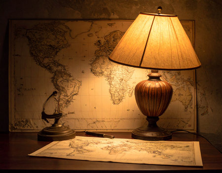 Vintage world map and illuminated lamp create a warm study atmosphere Ideal for travel blogs and educational content.の素材