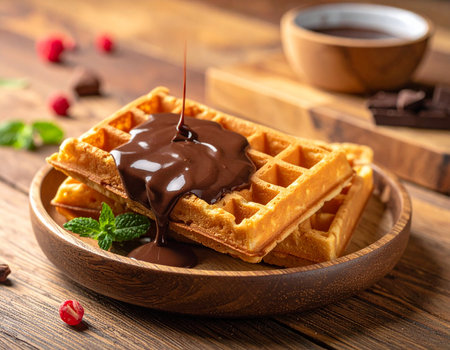 Golden waffles are covered in rich chocolate sauce and garnished with fresh raspberries and mint This sweet treat is perfect for breakfast or dessert.の素材