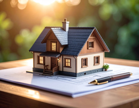 Detailed house model rests on architectural blueprints with a pen nearby suggesting design and planning Ideal for real estate and construction conceptsの素材