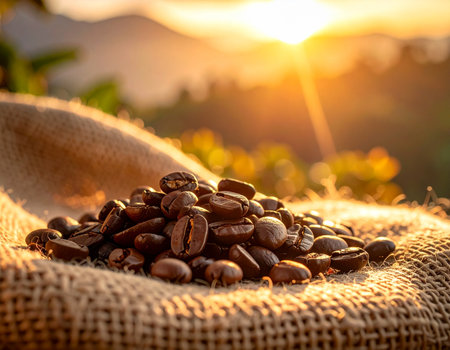 Freshly roasted coffee beans rest on a burlap sack bathed in warm sunlight evoking a sense of harvest and quality Ideal for coffee branding and product displaysの素材