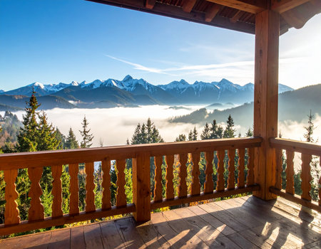Serene mountain landscape with fog filling valleys seen from a rustic wooden balcony Ideal for travel and outdoor adventure themesの素材