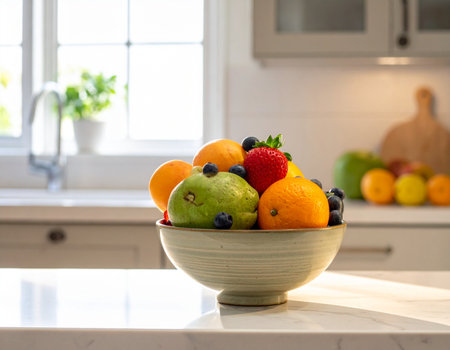 Fresh fruit arrangement in a ceramic bowl sits on a kitchen counter creating a healthy and inviting scene Ideal for food blogs and lifestyle contentの素材