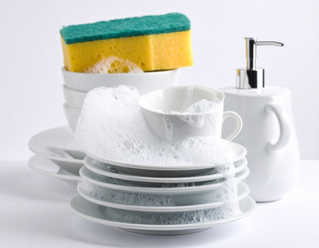 White dishes and a cup are submerged in bubbly water with a sponge and soap dispenser nearby Ideal for cleaning and household concepts.の素材