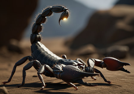 A detailed scorpion rests on desert sand, showcasing its segmented body and curved tail Use for wildlife or nature related projects.の素材