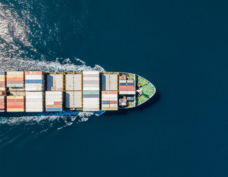 Aerial view of a large container ship sailing on deep blue water leaving a white wake. Ideal for logistics and global trade concepts.の素材