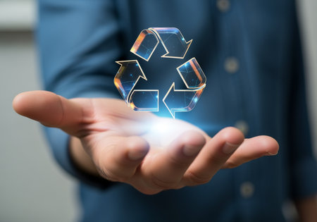 A person holds a glowing recycling symbol in their palm suggesting environmental awareness and sustainability Ideal for eco-friendly concepts and campaigns.の素材