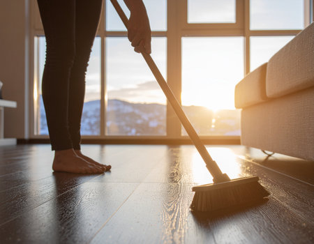 A person is sweeping a wooden floor near a window with a bright view, creating a clean and peaceful home environment. Ideal for lifestyle and cleaning concepts.の素材