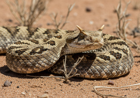 A coiled horned viper rests on sandy desert ground amidst sparse vegetation This striking reptile displays its unique horns and patterned scales Ideal for wildlife and nature illustrations.の素材