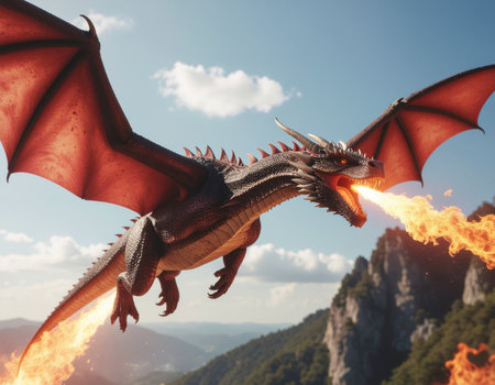Majestic dragon soars through the sky exhaling flames over a mountainous terrain Ideal for fantasy and adventure themes.の素材