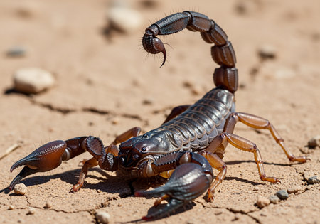 A detailed view of a scorpion resting on dry, cracked ground evokes a sense of arid wilderness Ideal for wildlife and nature themes.の素材