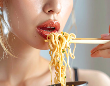 Close-up of a woman enjoying a bowl of noodles with chopsticks, showcasing a delicious meal and inviting atmosphere Perfect for food blogs and restaurant promotionsの素材