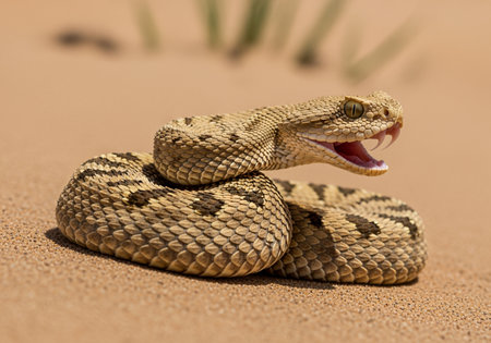 A coiled rattlesnake displays its fangs in a desert environment evoking caution and wildlife awareness Ideal for educational or nature-themed projects.の素材