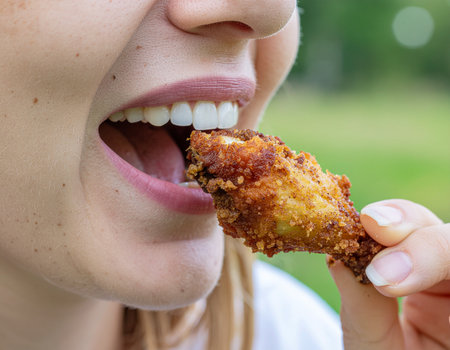 Close-up of a woman enjoying a crispy fried chicken piece during a sunny day. Ideal for food blogs and restaurant promotions.の素材