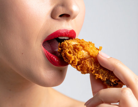 Close-up of a woman enjoying a piece of fried chicken with bright red lipstick. Ideal for food blogs and restaurant promotions.の素材