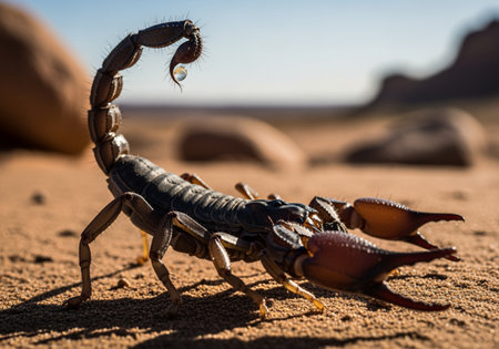 A detailed view of a scorpion resting on desert sand evokes a sense of arid wilderness Ideal for wildlife and nature themed projects.の素材