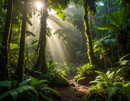 Sunlight streams through dense foliage in a vibrant rainforest creating a peaceful atmosphere Ideal for nature and environmental themes.の素材
